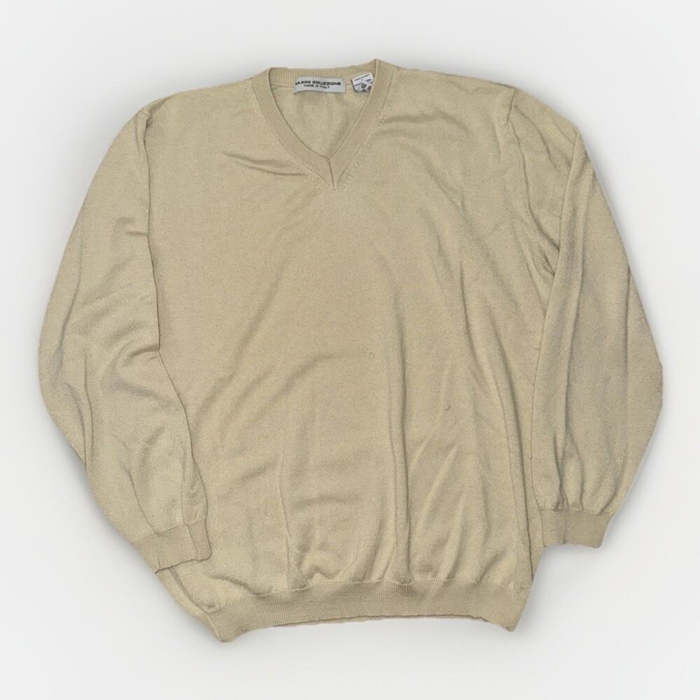 Maxini Collezione Cream V-Neck Knit Sweater Men’s Large 22x25 Minimalist